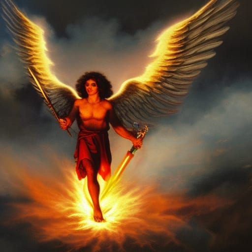Angel Michael with flaming Sword  Shield rescues  humans fro...