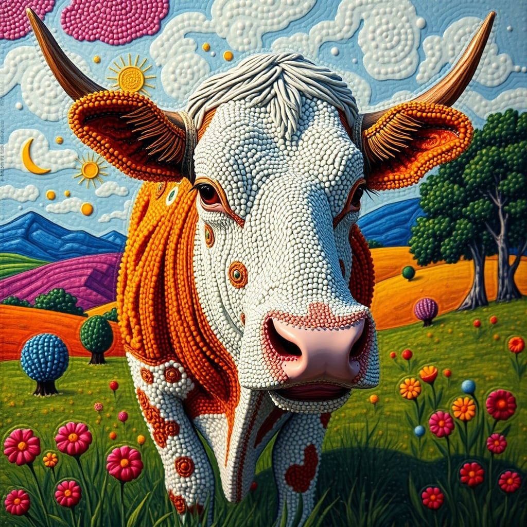 Bead-Blasted Cow in Dreamlike Fauvist Landscape