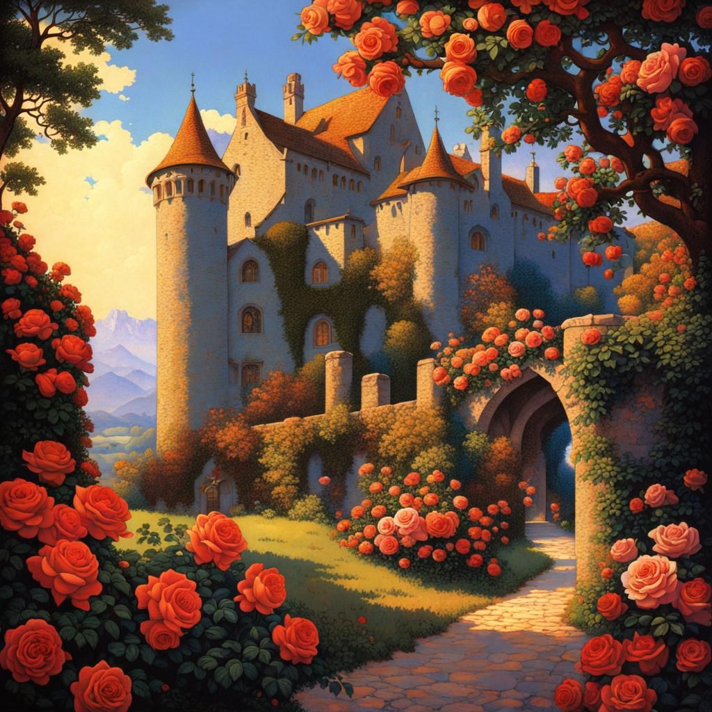 Anime Castle and Roses in Golden Age Style