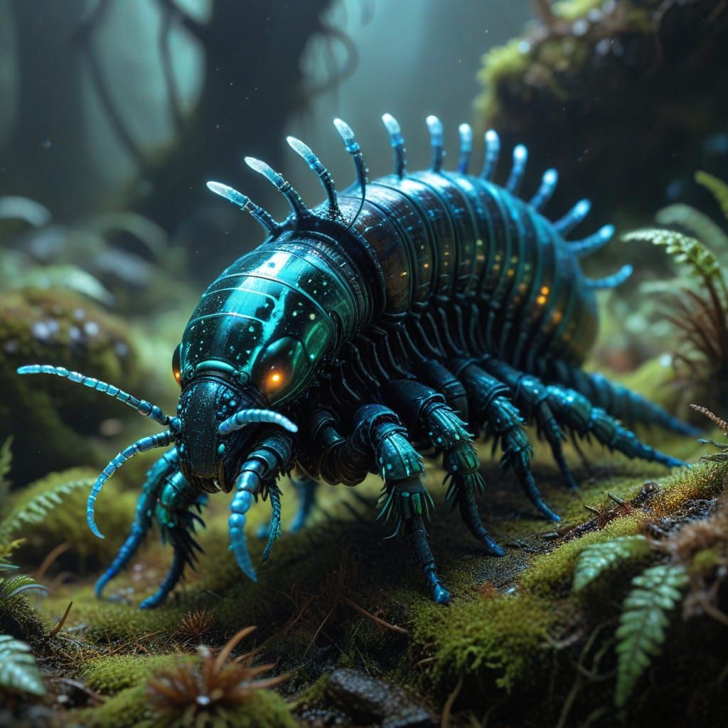 Surreal Millipede Crawls Across a Misty, Iridescent Rock