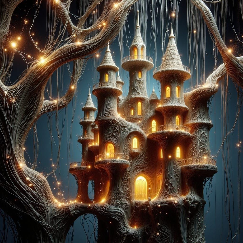 Enchanted Thread Castle Suspended in Starry Sky