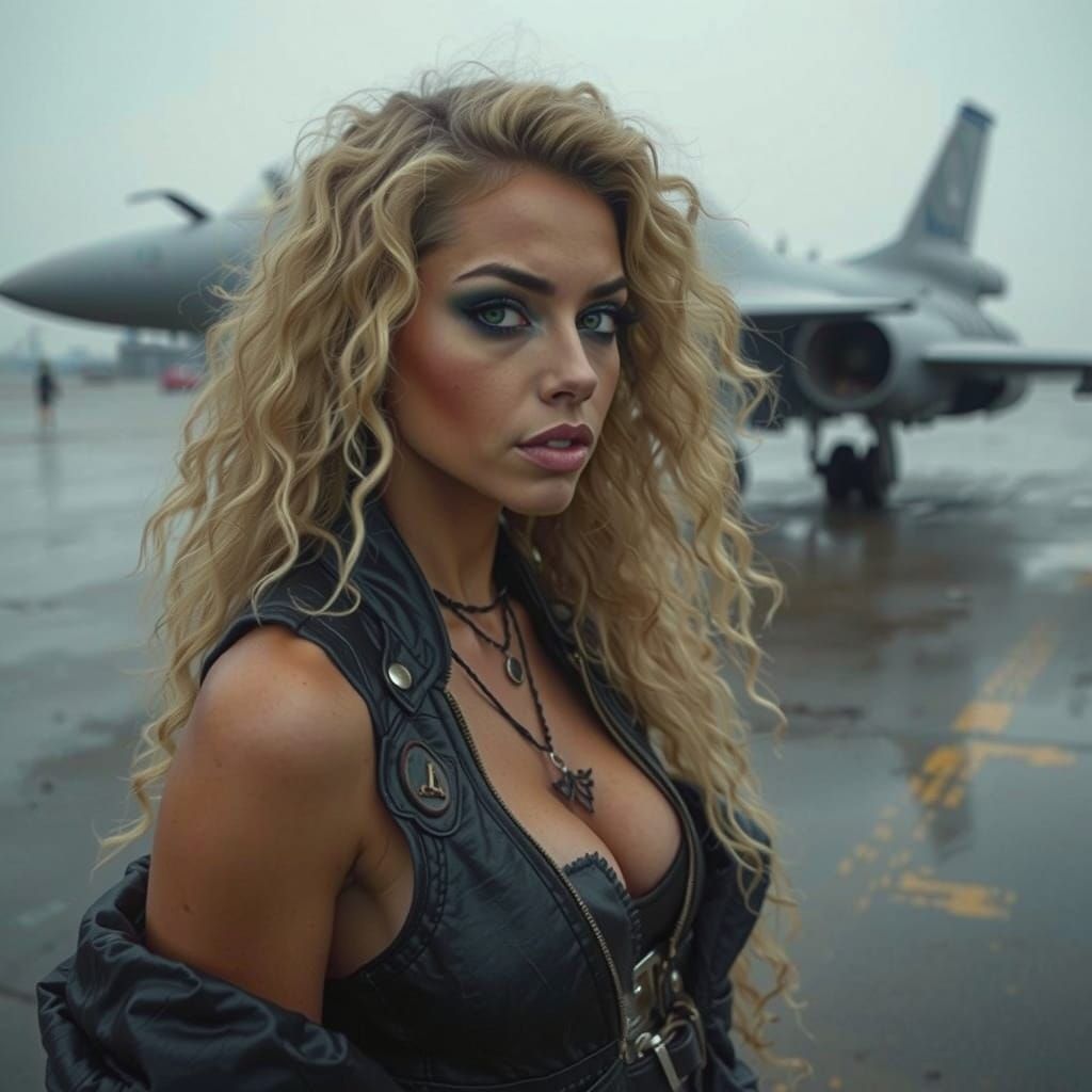 Heroic Pin-up Girl in Front of a Metallic Aircraft