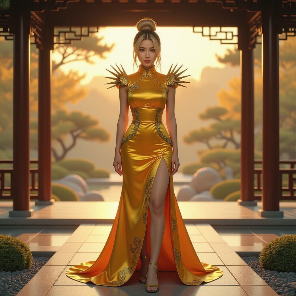 Golden Cheongsam with Spikes in Zen Garden, Pop Art Style
