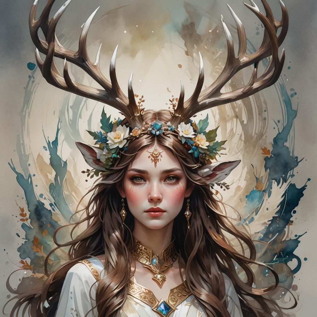 Watercolor Goddess of Animals with Deer Antlers