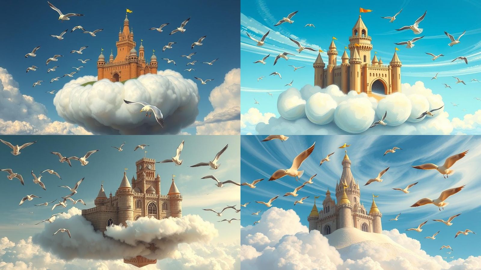 Sandcastle in the Sky Surrounded by Seagulls