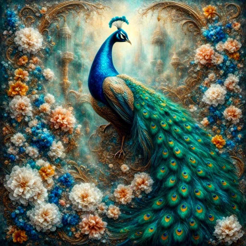 Peacock in Tropical Garden, Pointillist Mosaic Style
