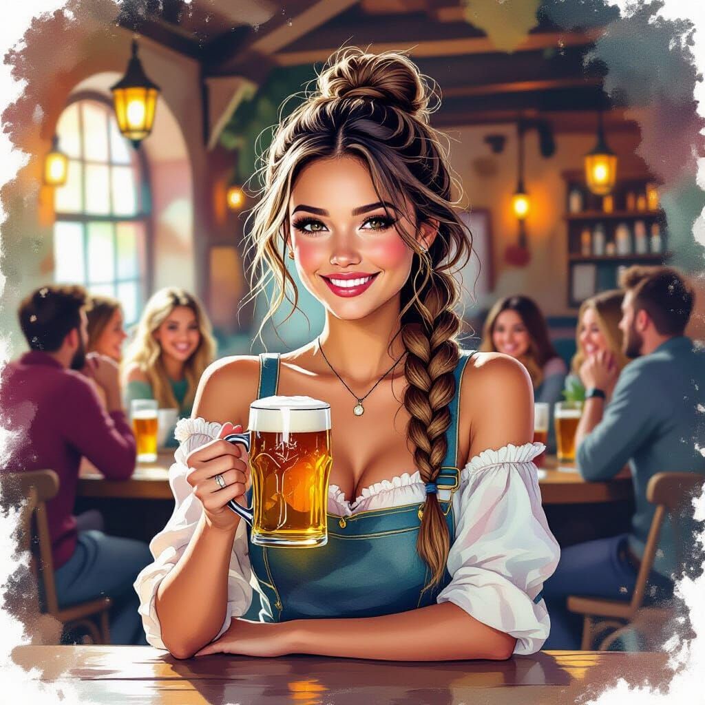 Cozy Tavern Scene: Pastel Watercolor Bartender