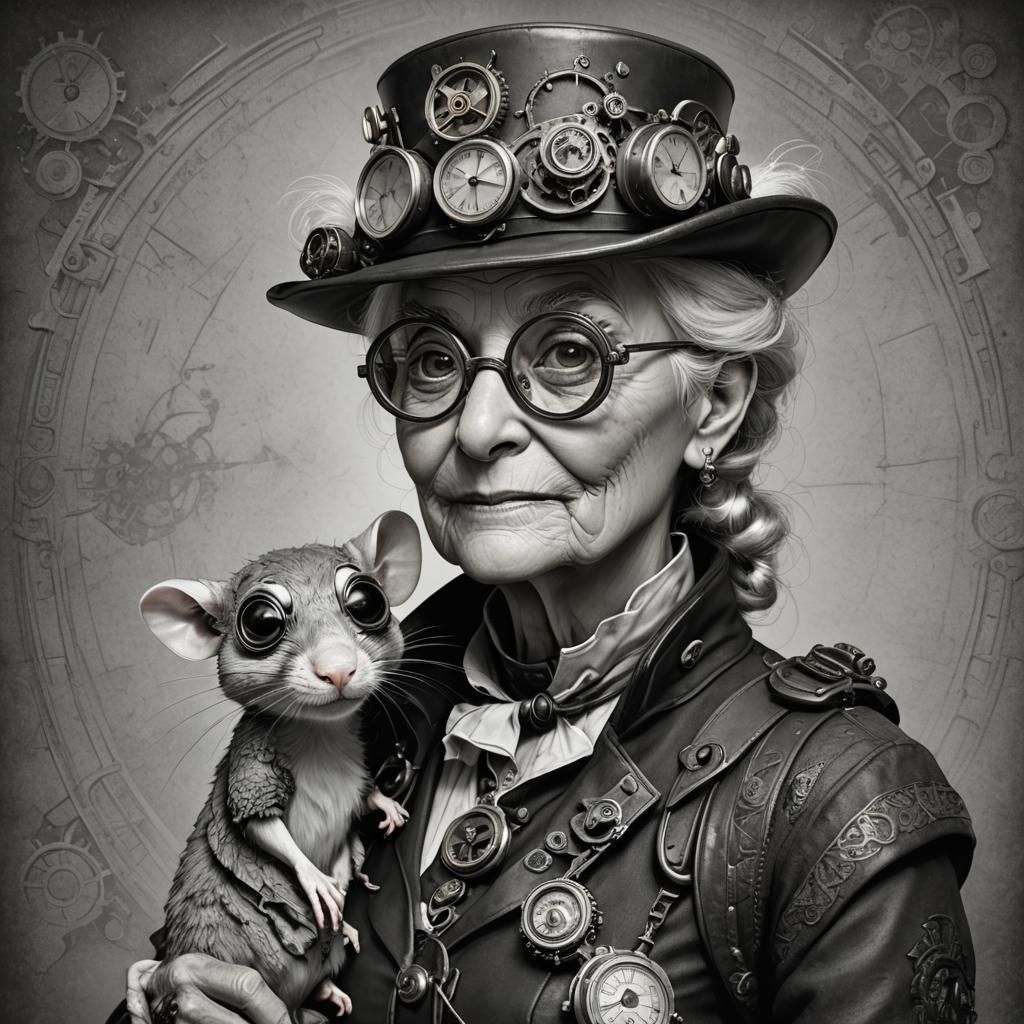 Steampunk Lady Portrait with Rat in Monochrome