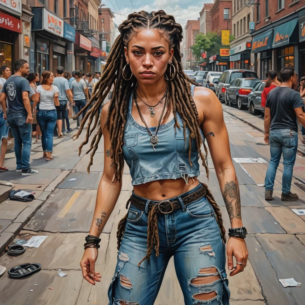 Expressive Woman in City Street: Oil Painting