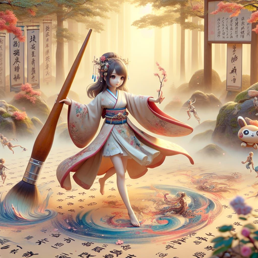 Japanese Princess Dancing with Paintbrush, Painting Calligra...
