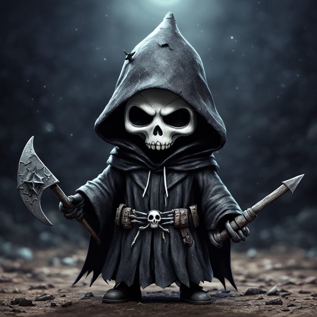 Whimsical Grim Reaper Star in Dark Apocalyptic Scene