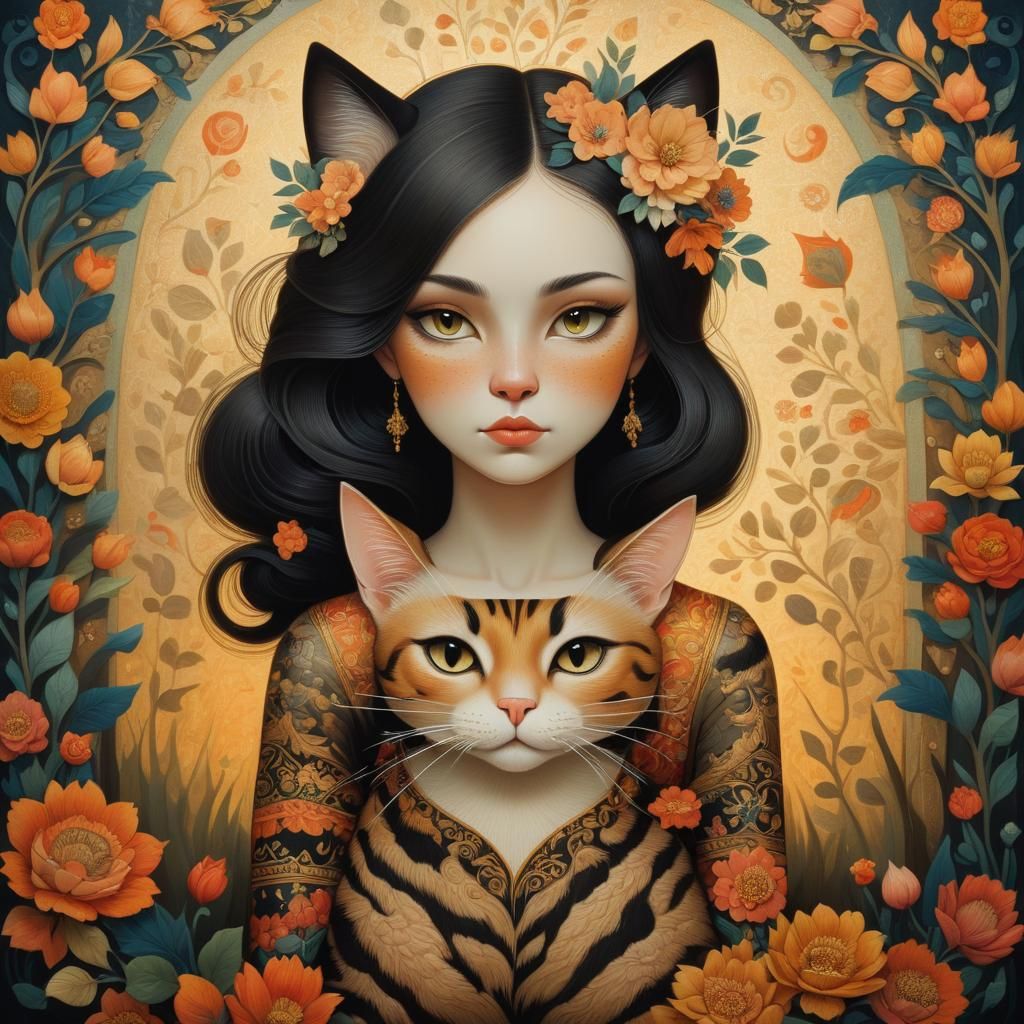 Folk Art Woman-Cat Portrait in Warm Colors