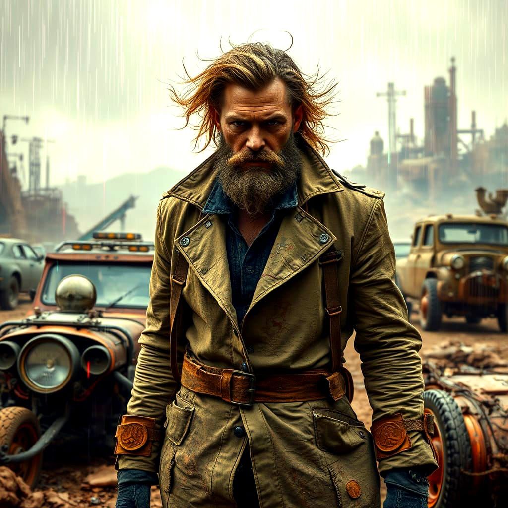 Epic Steampunk Road Warrior in a Dystopian Rain