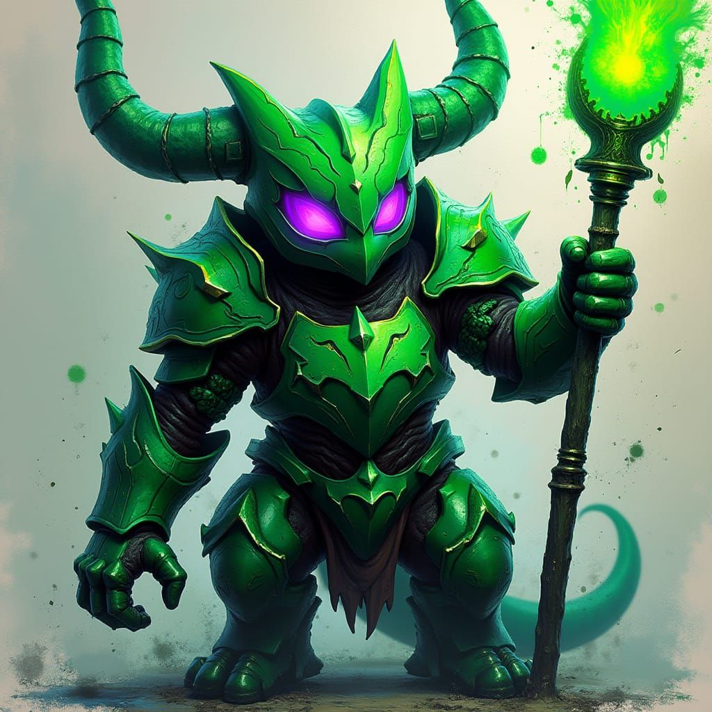 Charcadet Evolution in Green Armor with Green Fire Staff