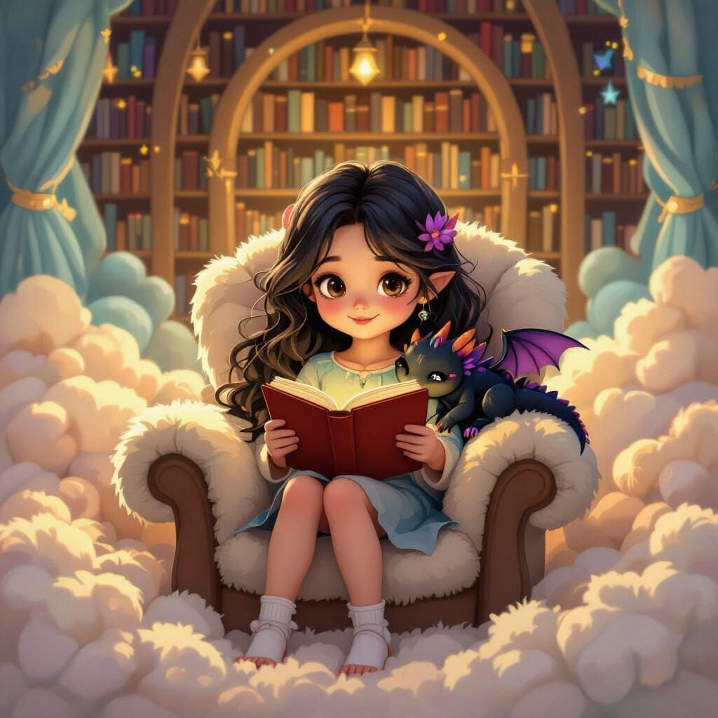 Whimsical Library with Girl, Dragon & Mythical Creatures