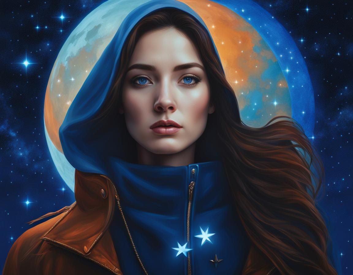 Woman with Blue Stars and Moon in Space