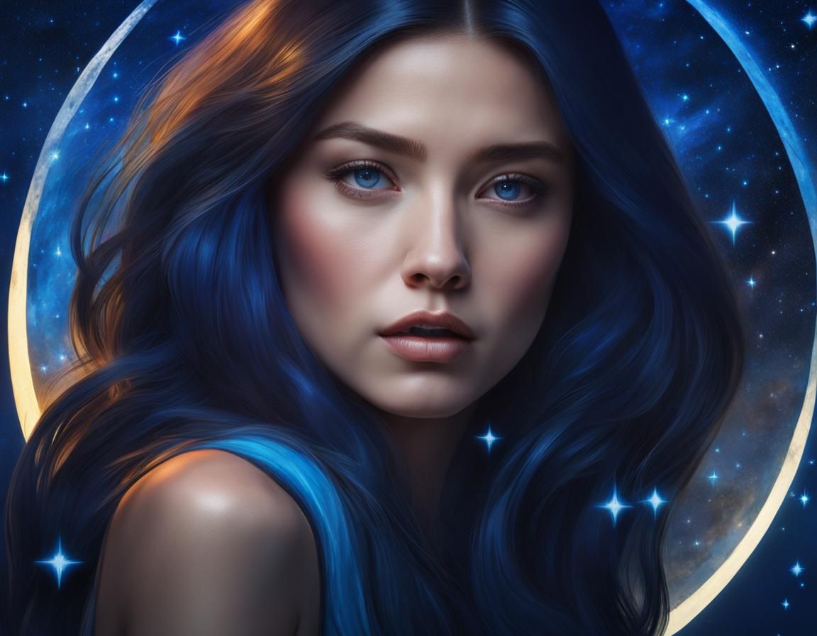 Woman in Space with Blue Stars and Moon