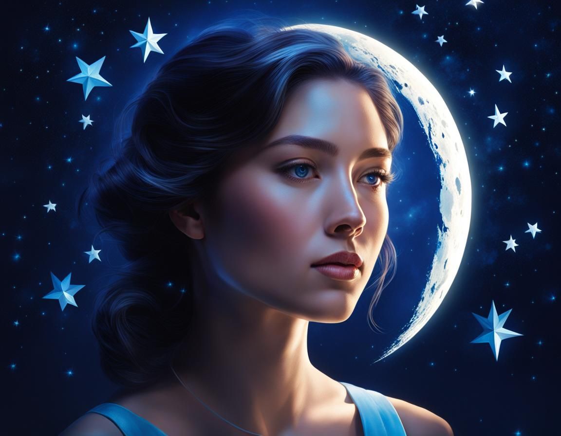 Woman with Blue Stars in a Pastel Space