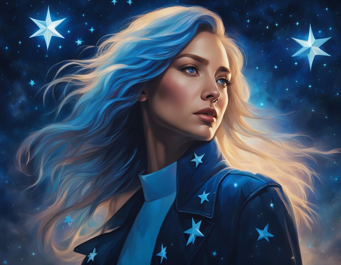 Woman in Starry Space with Moon, Pastel Art