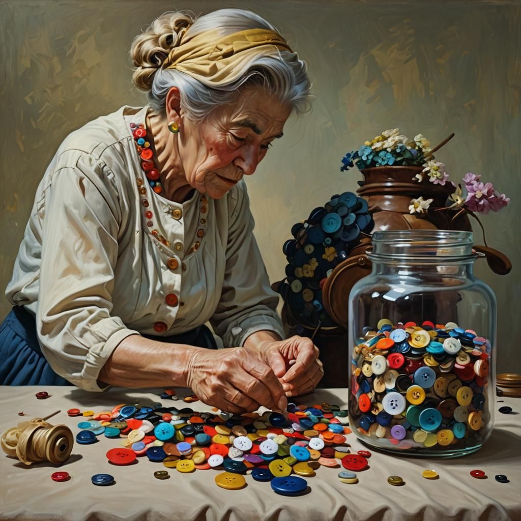 Hyperrealistic Oil Painting of Buttons and Seamstress