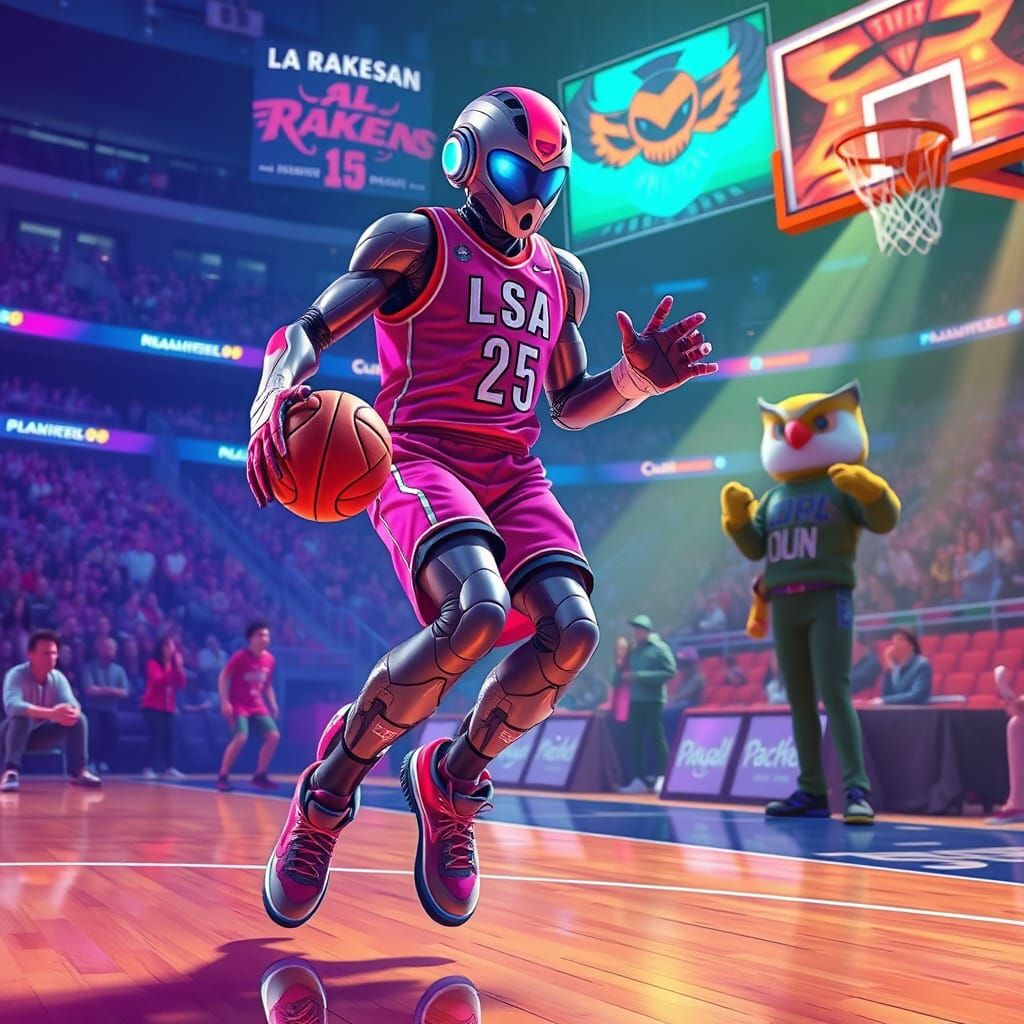 Megaman in Cyberpunk Basketball Stadium