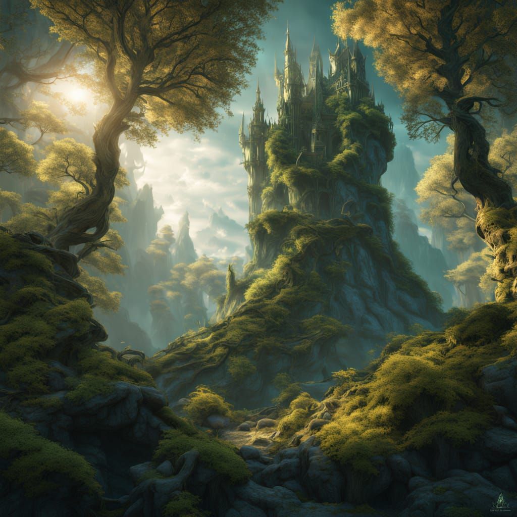 Angel in Majestic Forest Glows with Golden Light