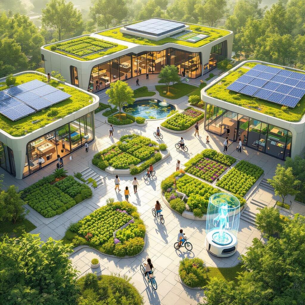 Futuristic Eco-Campus: Green Rooftops & Solar Panels
