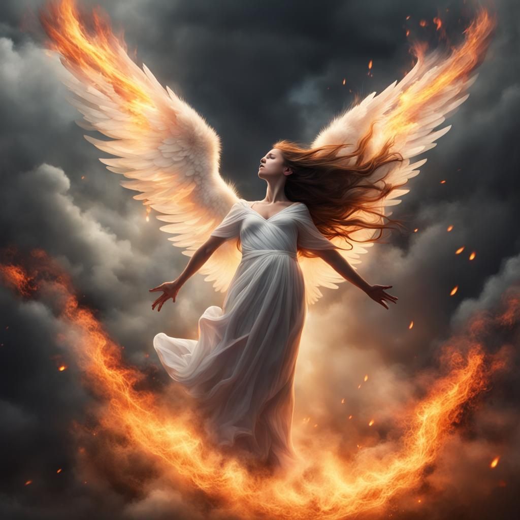 An angel falling from dark clouds and on Fire