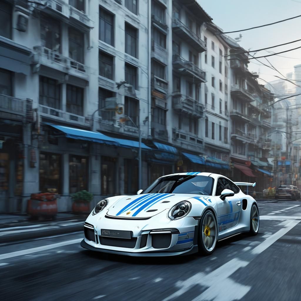 Blue and White Porsche in Anime Style