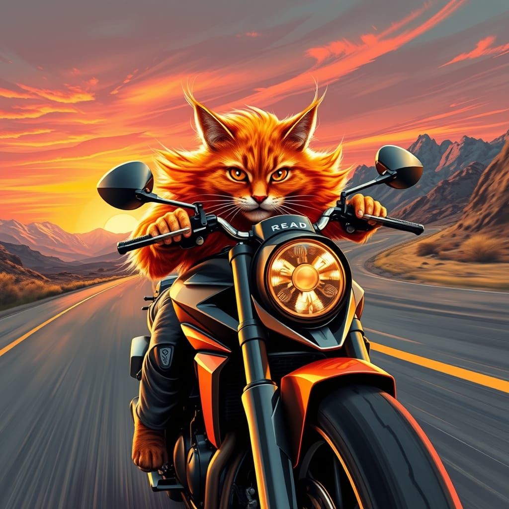 Vibrant Orange Cat Speeds Down Winding Highway on Motorcycle