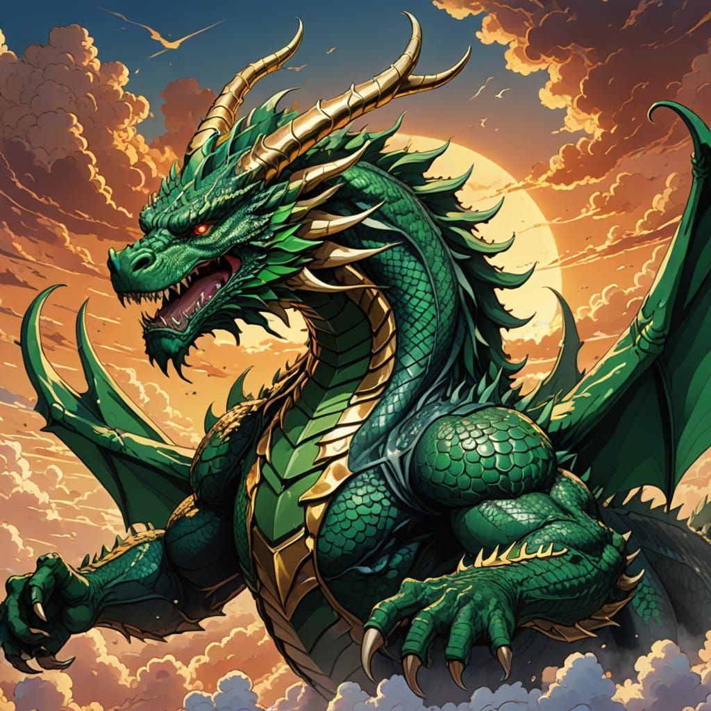 Elegant Emerald Dragon Soars Through Sunset Skies in Anime S...