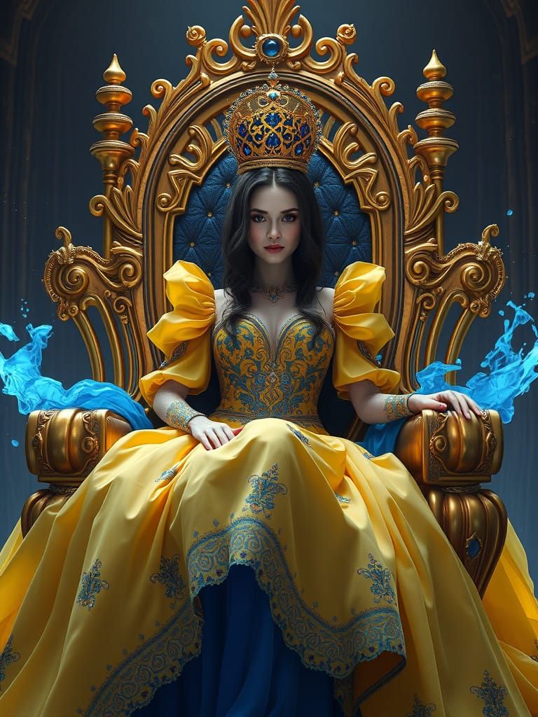 Regal Fantasy Queen Sits Majestically on Throne in Vibrant Y...