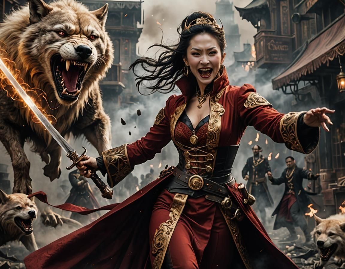 Vampire Woman Battles Wolf-Man in Steampunk Style