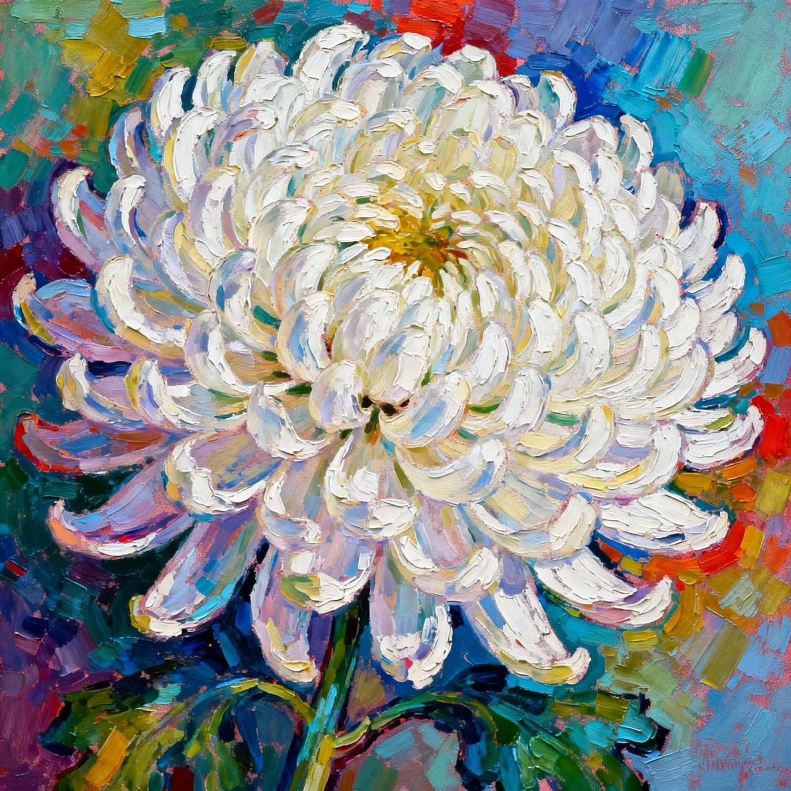 White Chrysanthemum Close-Up Oil Painting