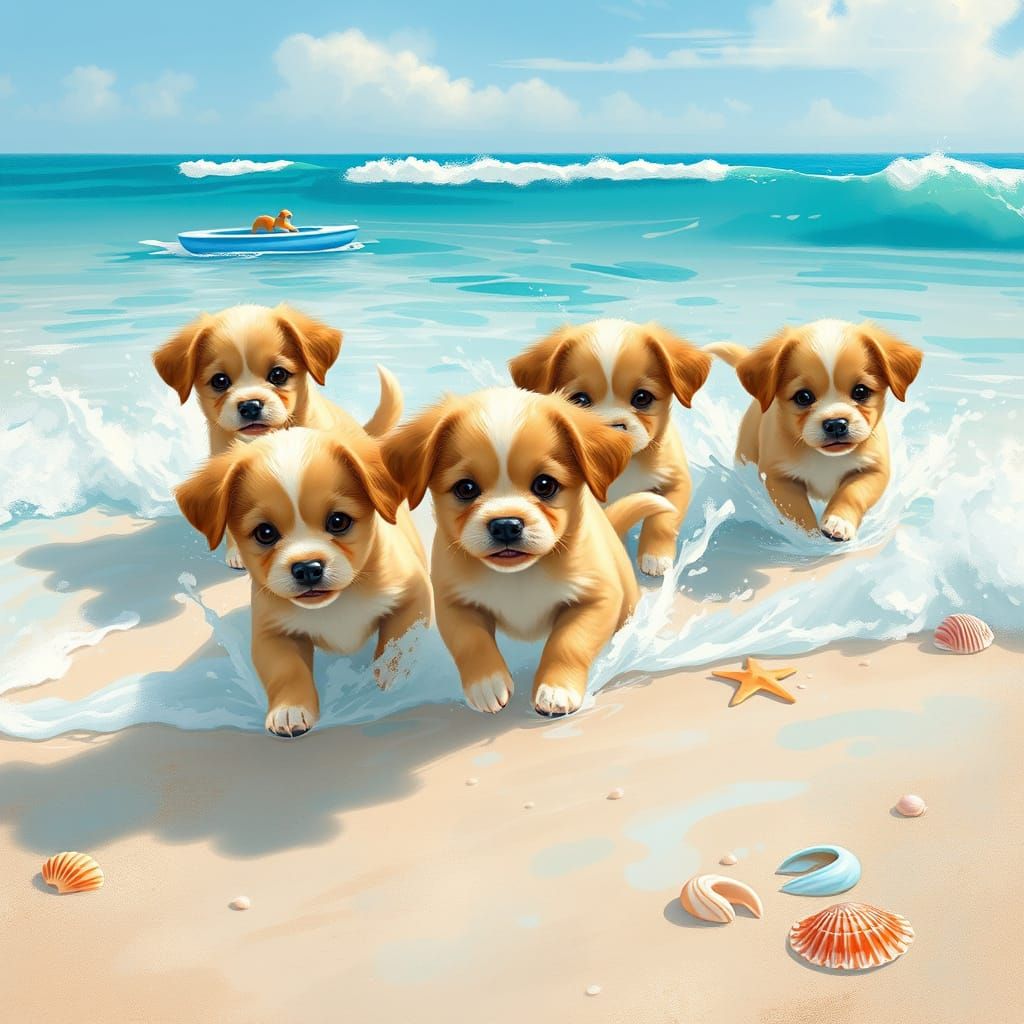 Cute Puppies Play on Turquoise Beach