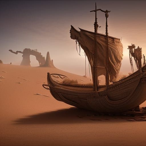 Medieval Ship in Desert Oasis: Post-Apocalyptic Masterpiece