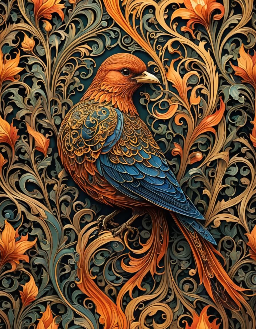 Art Nouveau Bird Engulfed in Flames