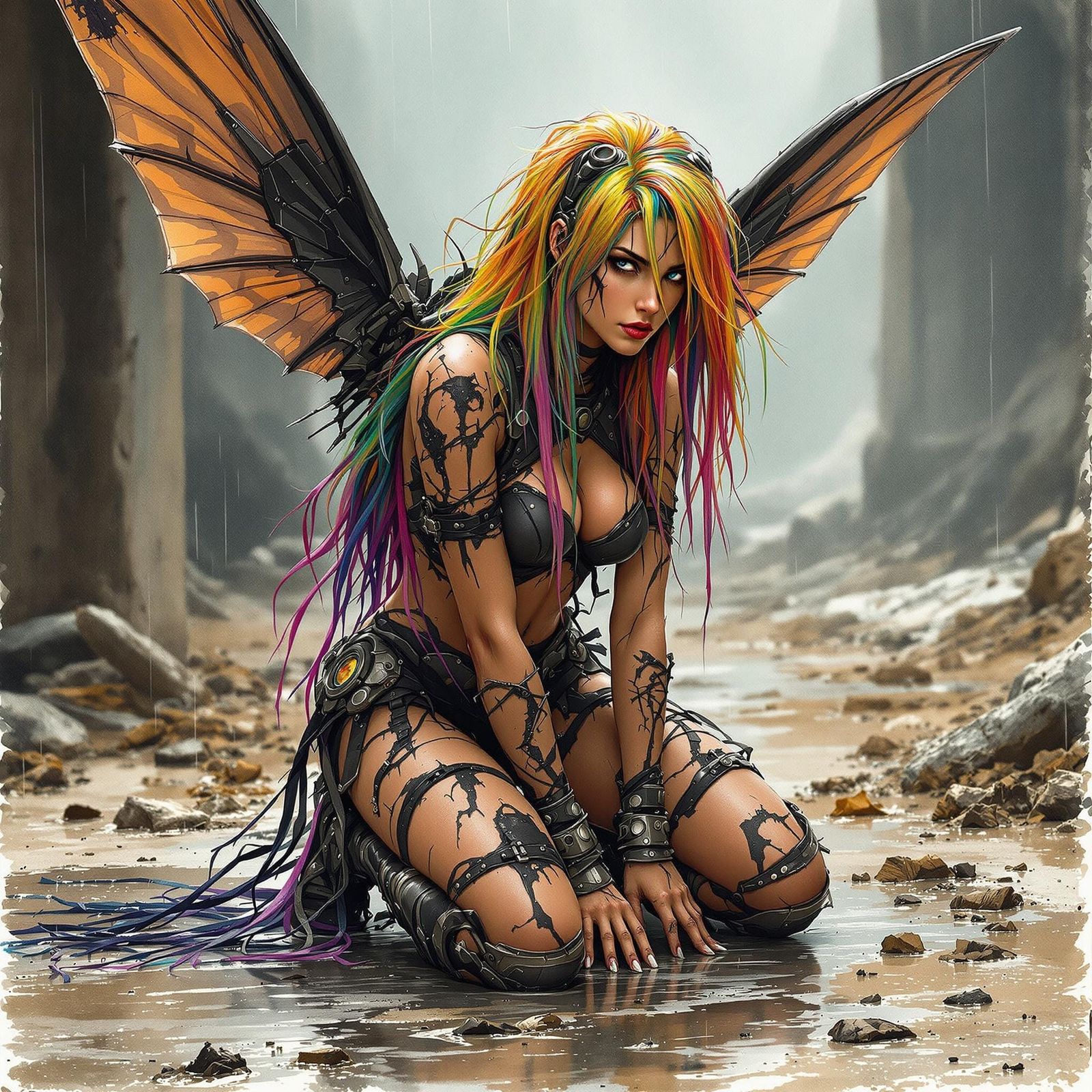 Armored Woman with Insect Wings in Gritty Watercolor