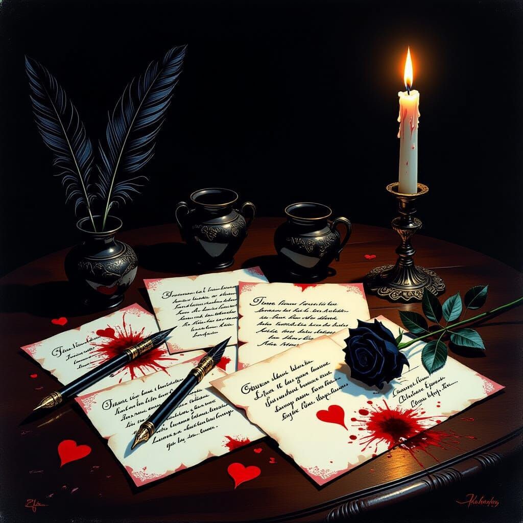 Eerie Love Letters on Ornate Desk with Black Rose
