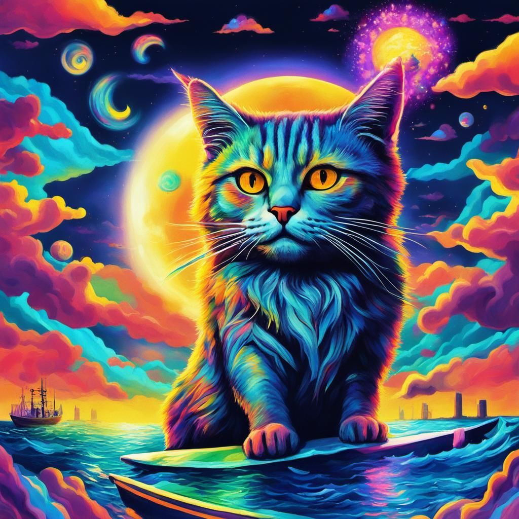 Night Cat Surfing Waves in Cyberpunk Candy Art