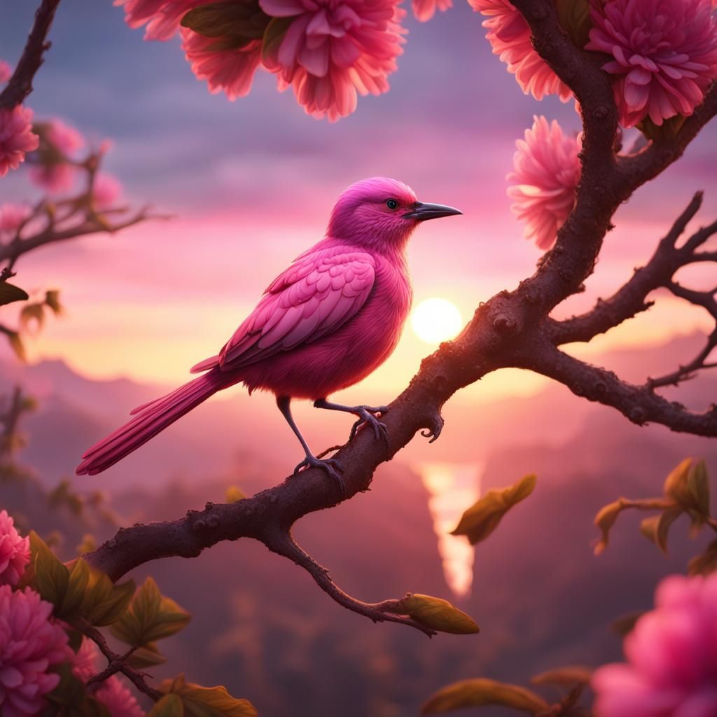 Pink Bird on Branch with Sunset Background