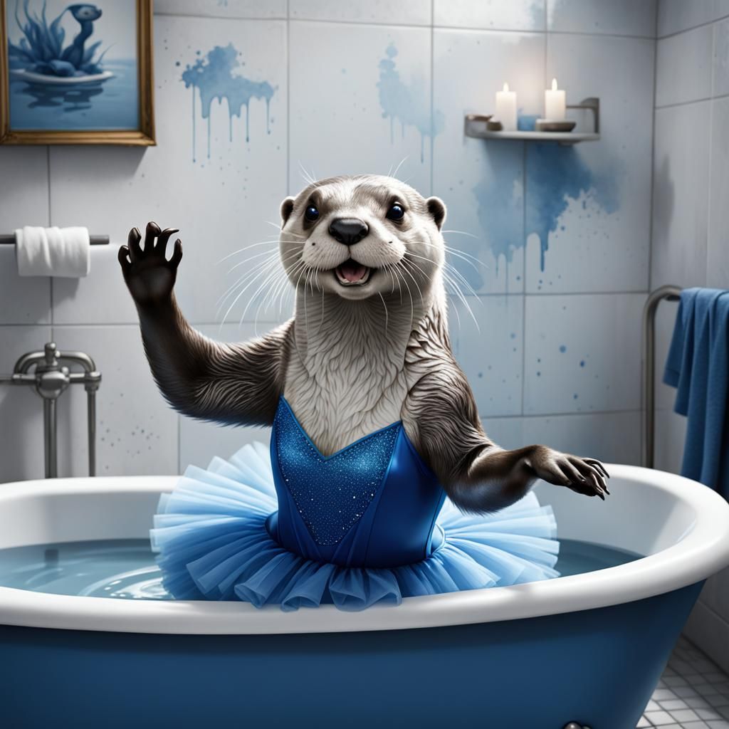 Otter Ballerina in Bathtub, Modern Ink Painting