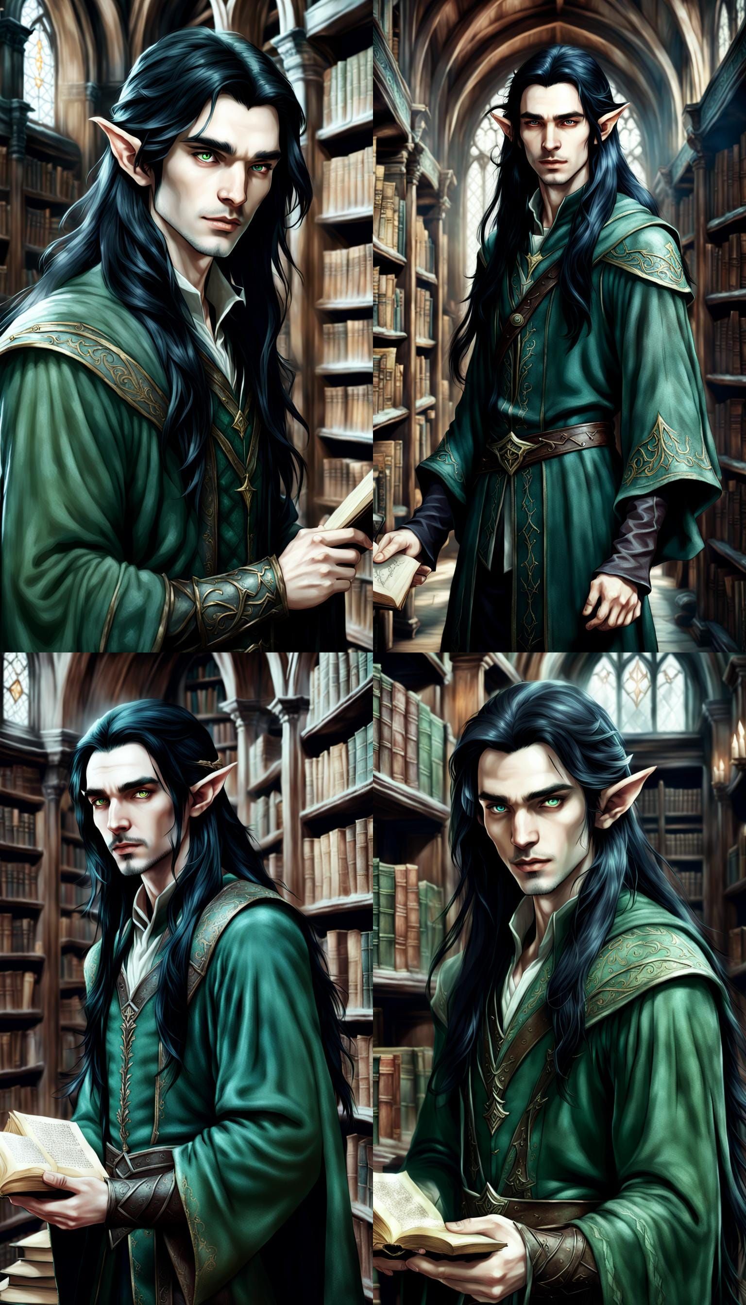 Young Elven Wizard in Ancient Library
