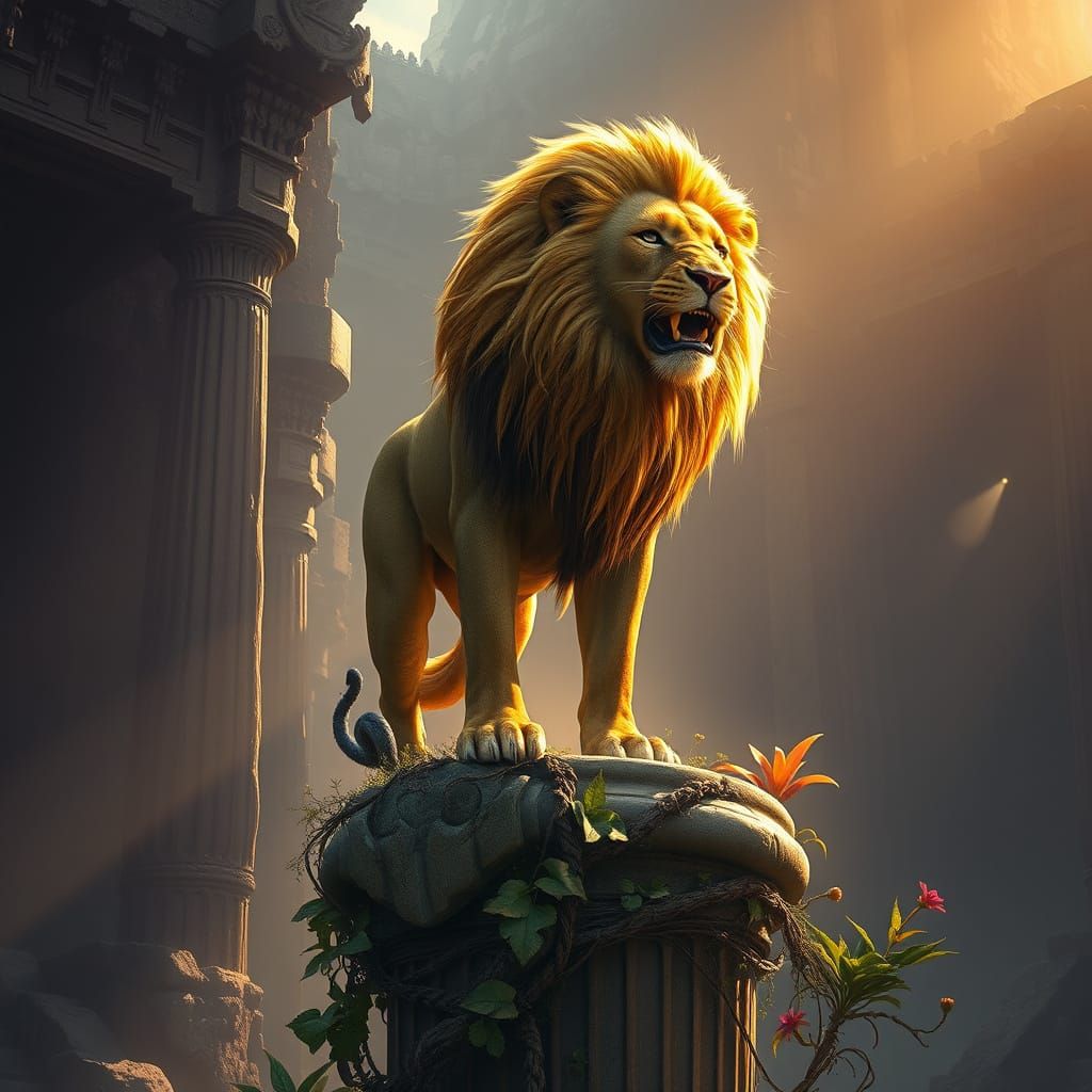 Lion with Fiery Mane on Ancient Pillar in Alien City