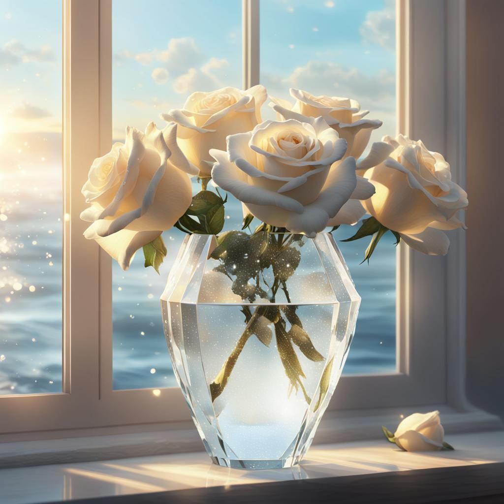 Ethereal Sea Sunset with White Roses in Crystal Vase