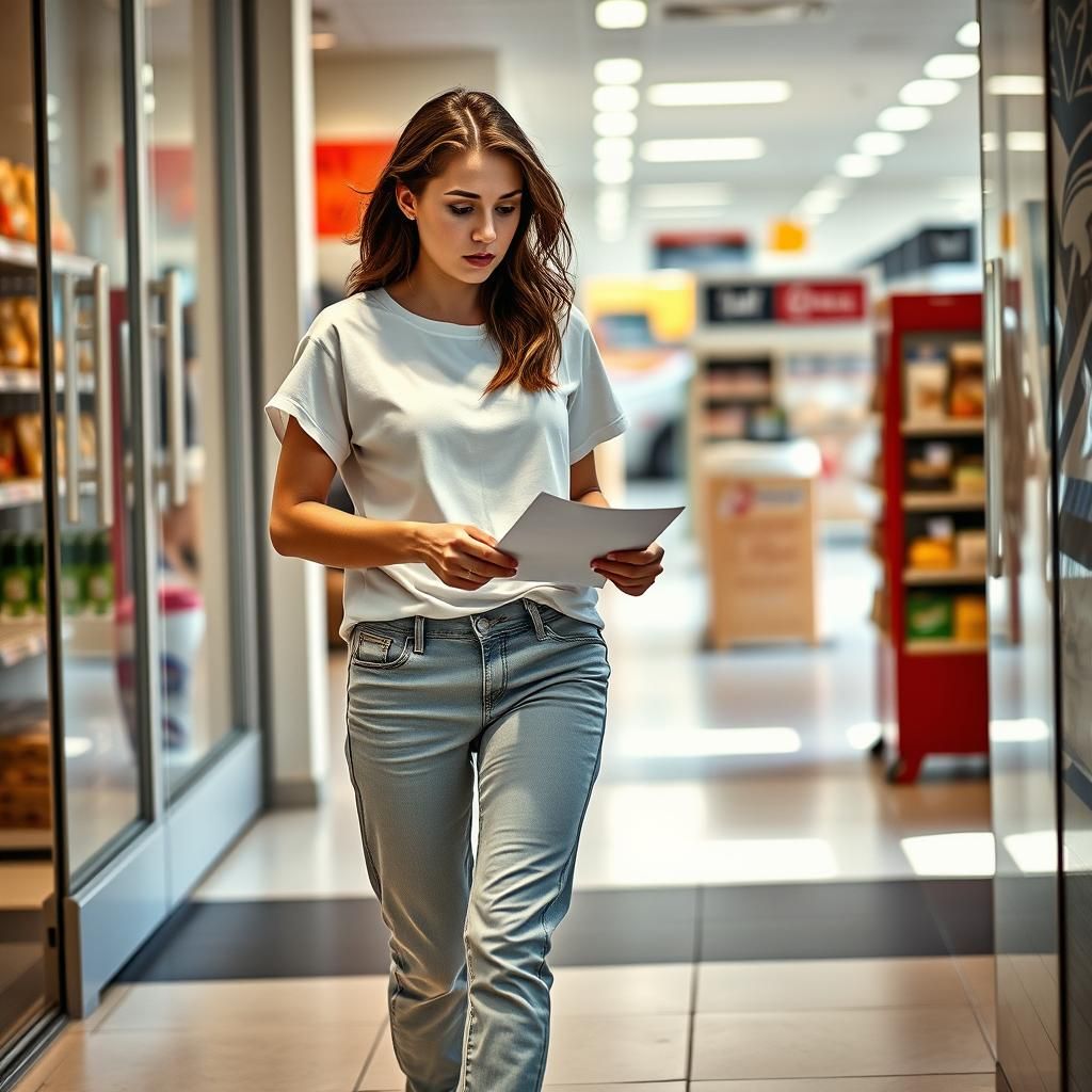 Concerned Woman Exits Store in Hyper-Realistic Photo