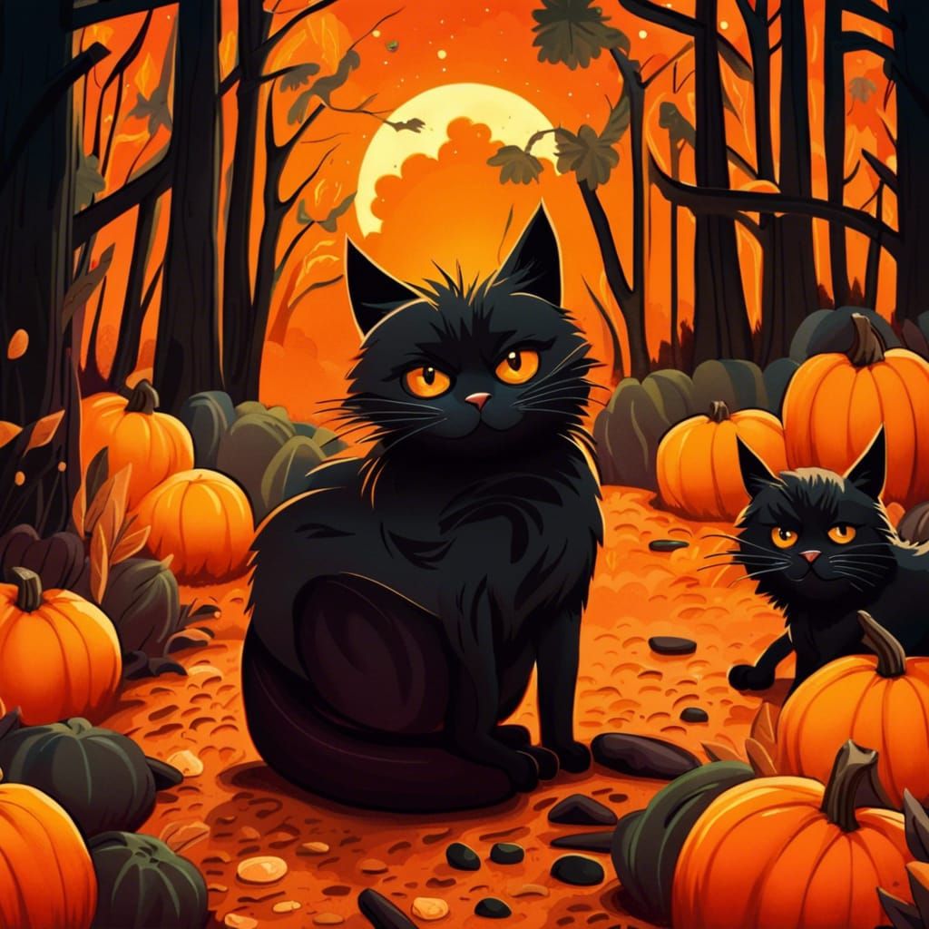 Black Cats Playing Around Pumpkins in Astral Illustration