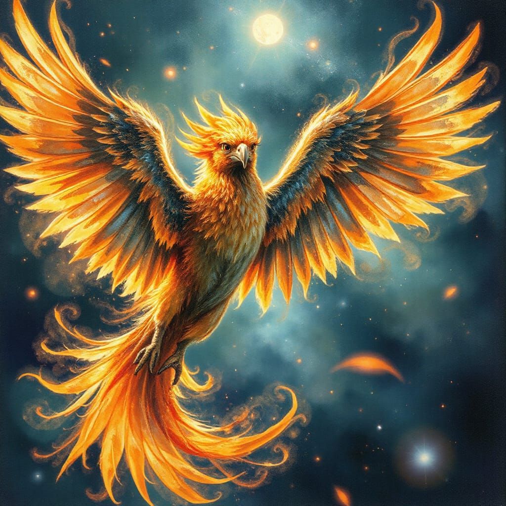 Cosmic Phoenix in Flight: Ethereal Watercolor Art
