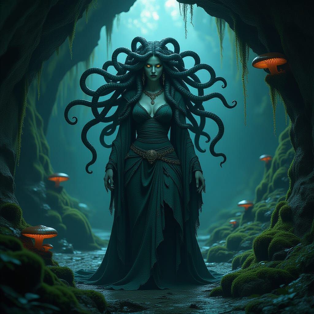 Medusa in Mystical Cavern with Bioluminescent Fungi