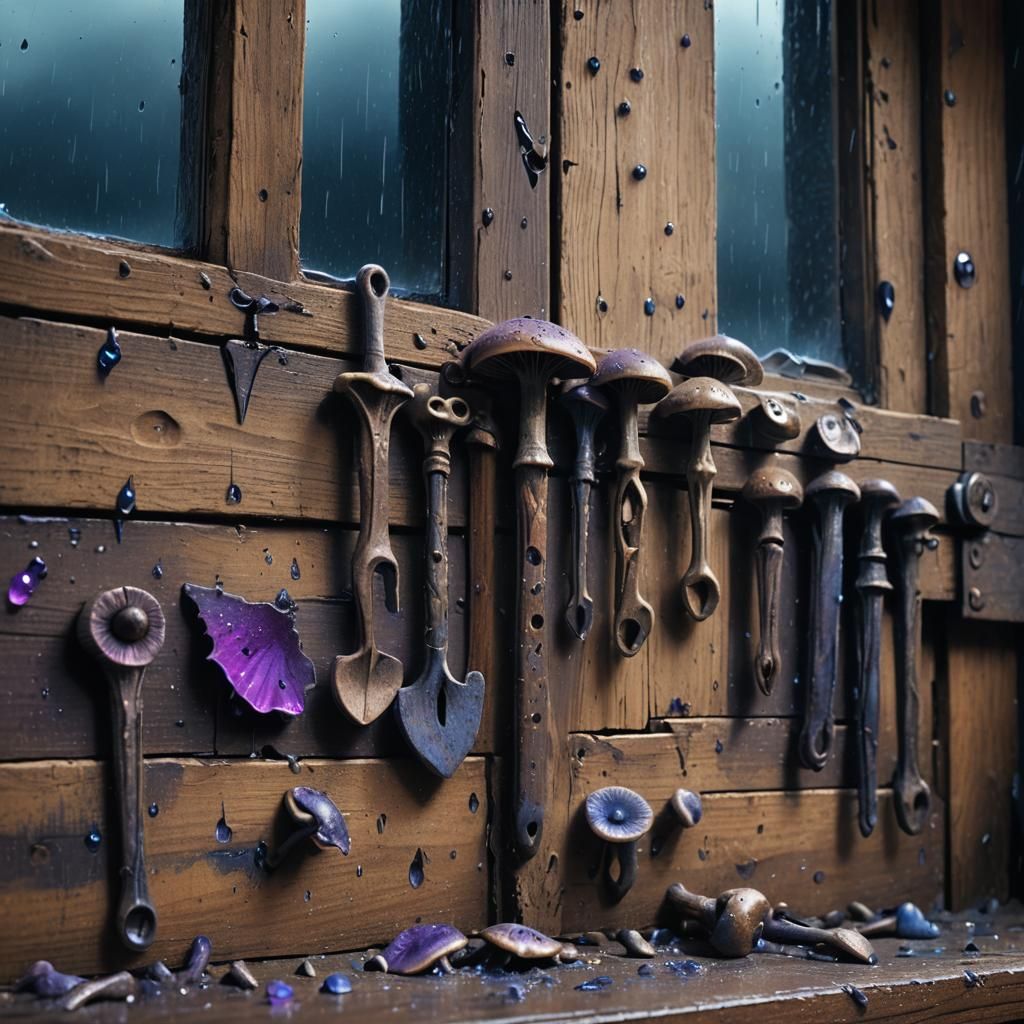 Rotten Tools on Dusty Shelf in Matte Painting Style